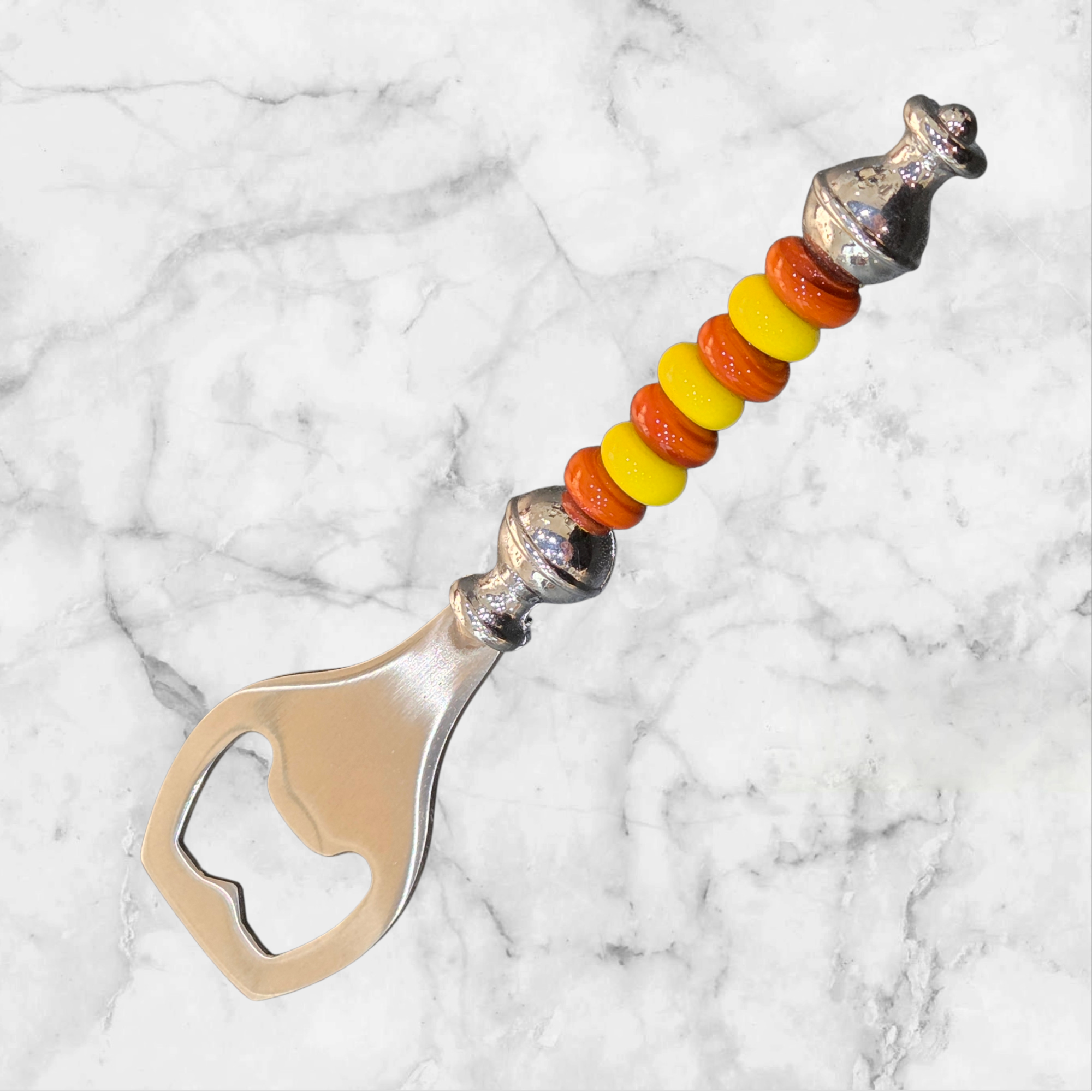 🤎💛 Décapsuleur artisanal – 7 perles de verre marrons & jaunes