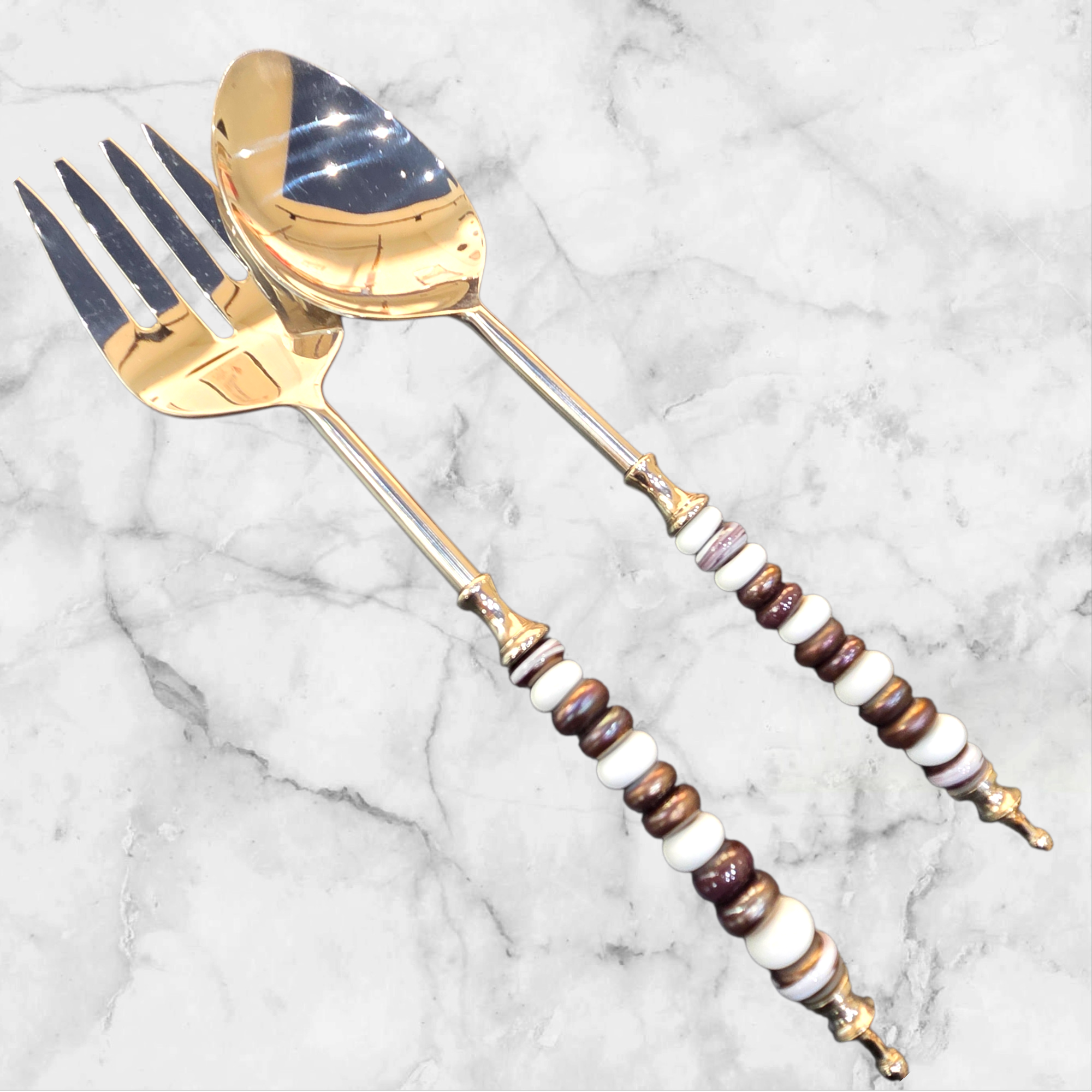 🤍🤎 Grand service à salade artisanal – 26 perles de verre blanches & brun métallisé