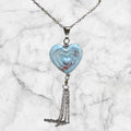 💙Collier artisanal – Perle de verre cœur 3D bleue & pompon amovible