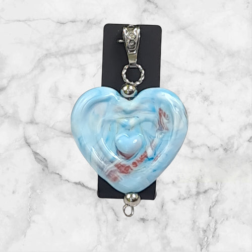 💙Collier artisanal – Perle de verre cœur 3D bleue & pompon amovible