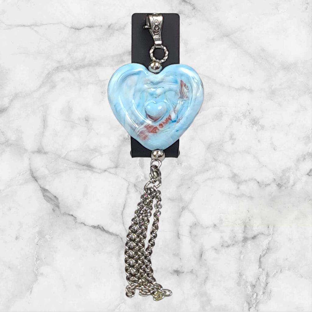 💙Collier artisanal – Perle de verre cœur 3D bleue & pompon amovible