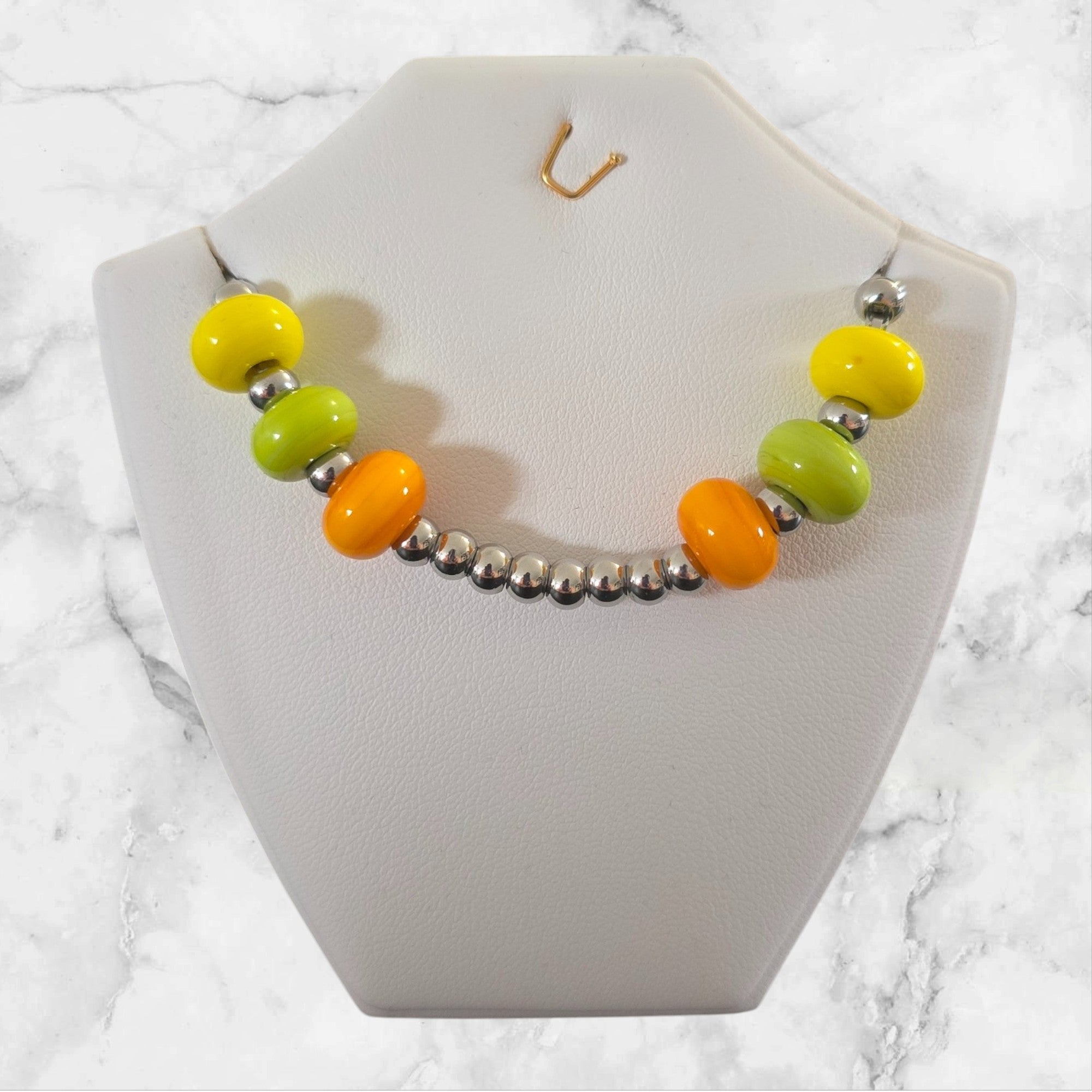 🧡💚💛 Collier artisanal – 6 perles de verre filées au chalumeau, orange, vert & jaune