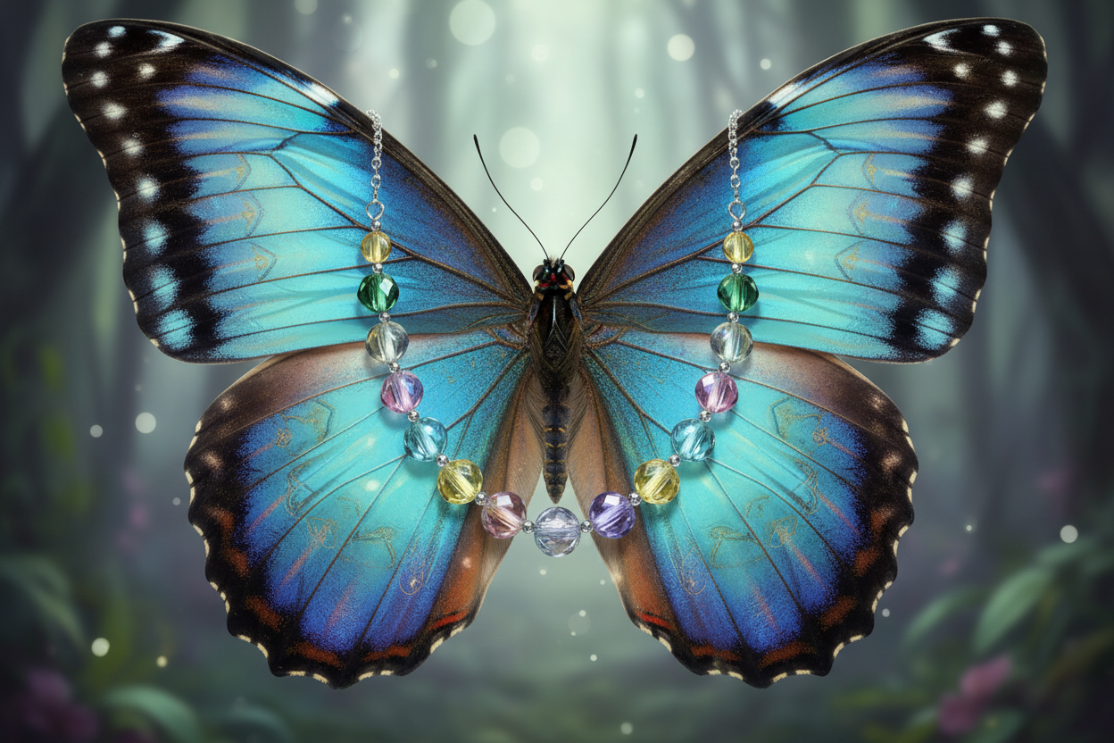 papillon avec un collier de perle de verre
